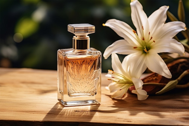 Uma garrafa de perfume com uma flor.