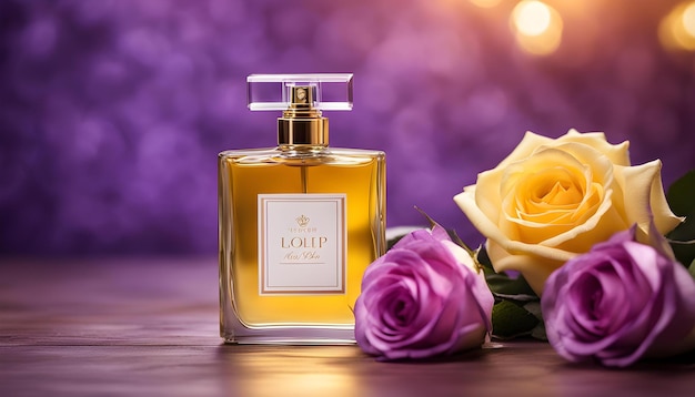 uma garrafa de perfume com uma rosa ao fundo