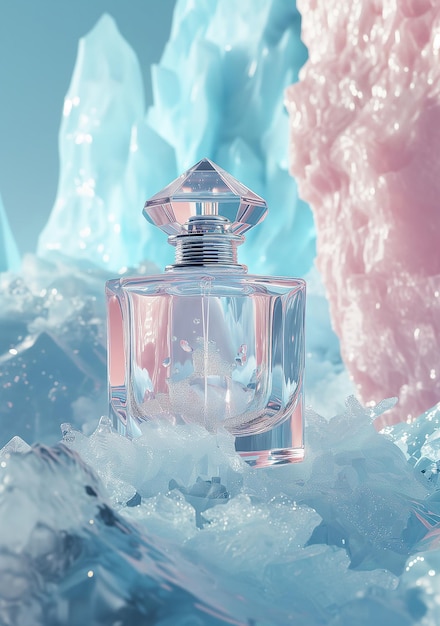 Uma garrafa de perfume contra um fundo de gelo