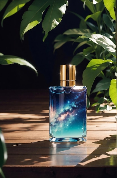 Uma garrafa de perfume de luxo com fundo de natureza