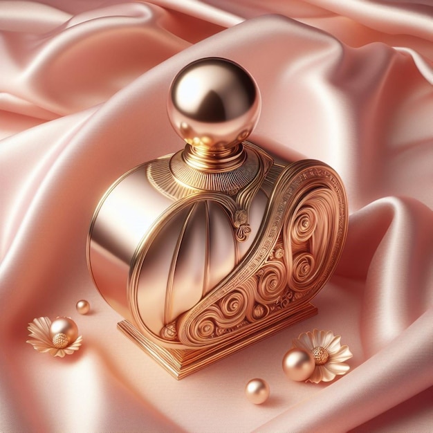 uma garrafa de perfume dourada com fundo rosa e botões dourados