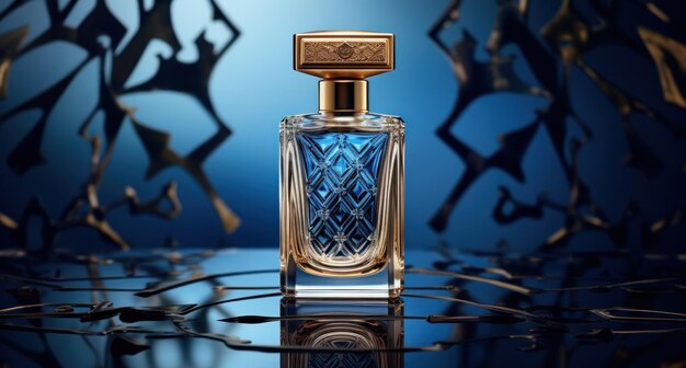 Foto uma garrafa de perfume em um fundo azul com ouro e preto