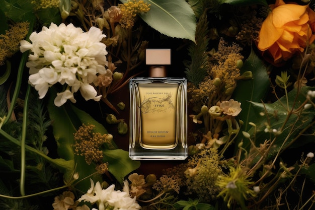 Uma garrafa de perfume está em uma mesa cercada de flores.
