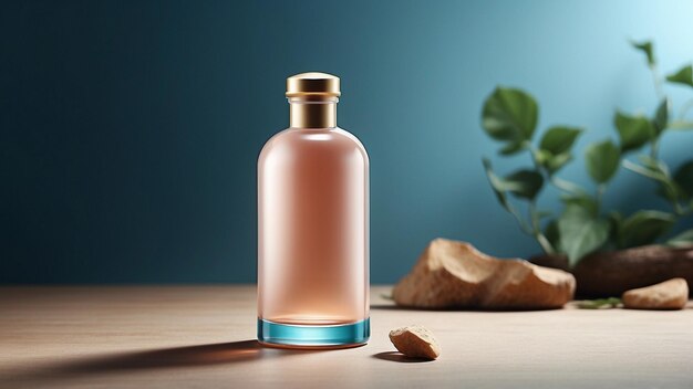 uma garrafa de perfume está em uma mesa com uma planta ao fundo