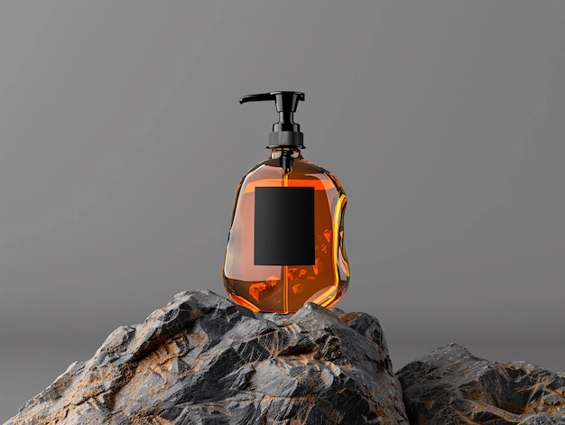 Uma garrafa de perfume está sentada numa rocha.