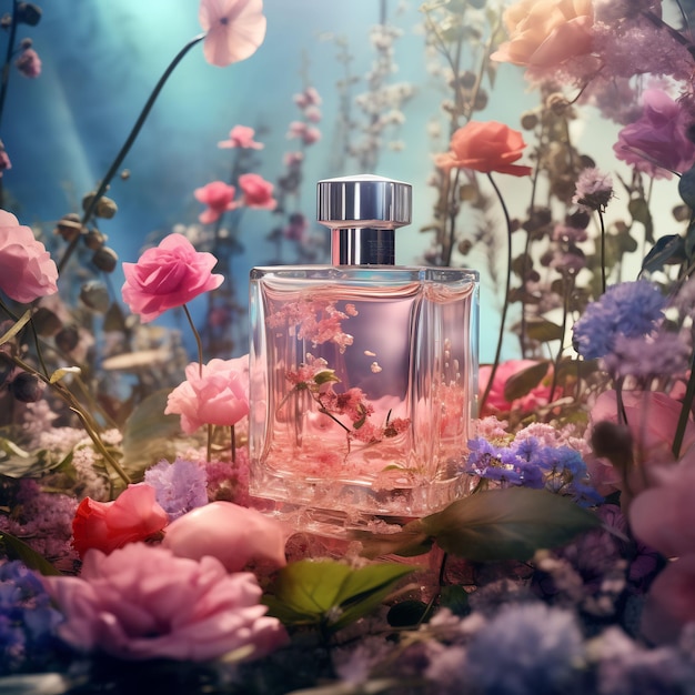 Uma garrafa de perfume está sobre uma mesa com flores ao fundo.