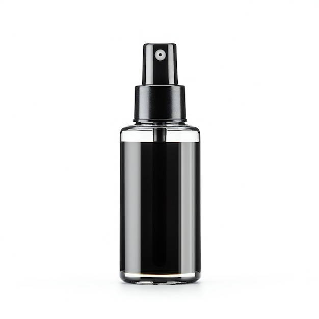 Foto uma garrafa de perfume preta com fundo branco.