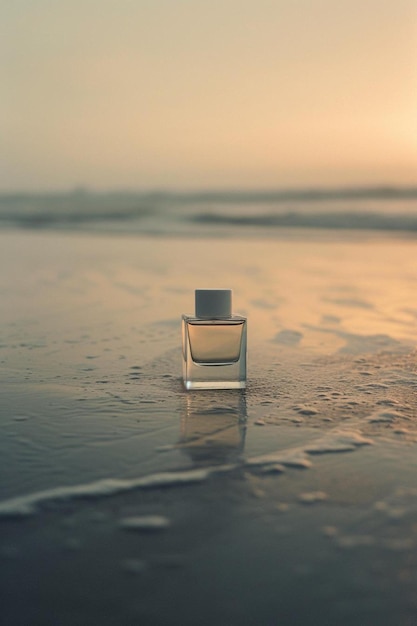 Foto uma garrafa de perfume sentada no topo de uma praia molhada