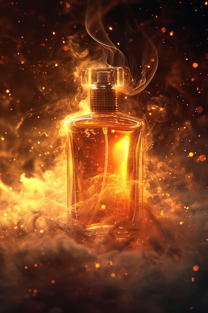 Uma garrafa de perfume vazia contra um fundo de fogo e fumaça ilustração 3d