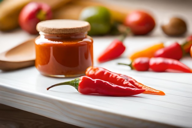 Foto uma garrafa de pimenta vermelha ao lado de um monte de pimentas.