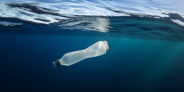 Uma garrafa de plástico em um mar