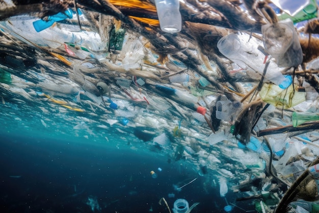 Uma garrafa de plástico está flutuando no oceano.