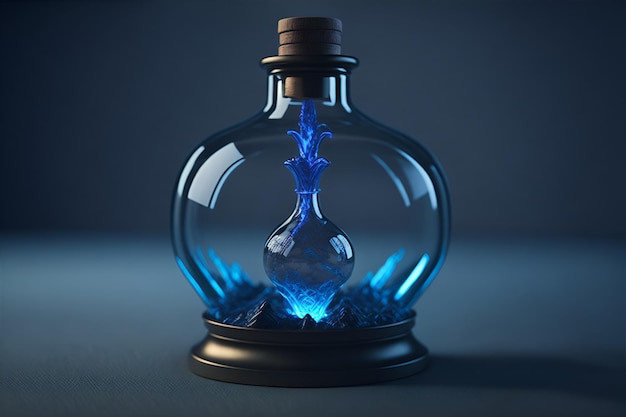 Uma garrafa de poção mágica com líquido azul no interior.