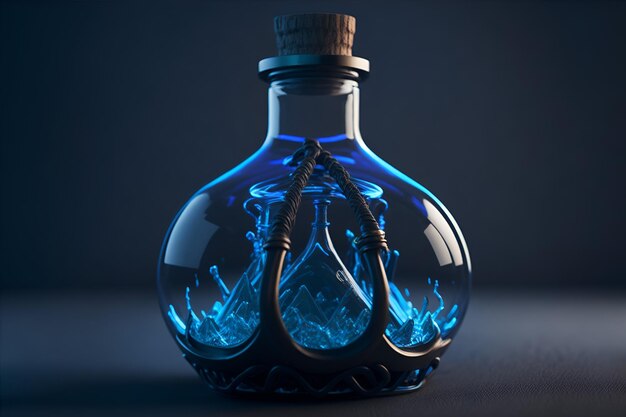 Uma garrafa de poção mágica com líquido azul no interior.