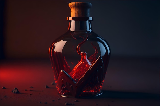 Uma garrafa de poção mágica com líquido vermelho no interior.