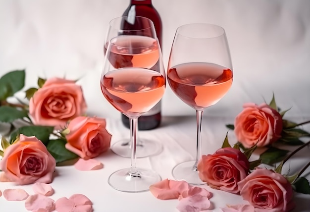 Uma garrafa de rosa está ao lado de duas taças de vinho, uma delas cheia de rosas cor de rosa.