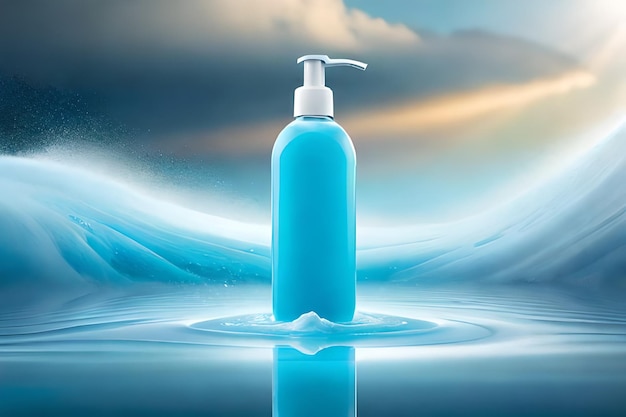 Foto uma garrafa de sabão está na água com um fundo azul.