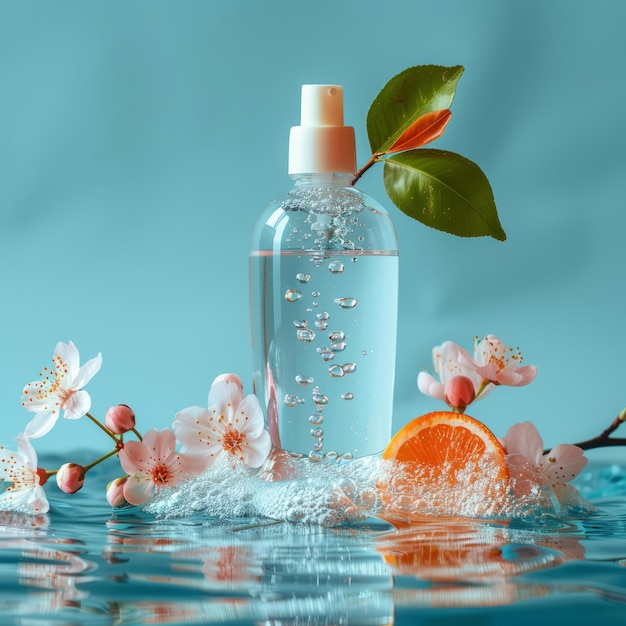 Uma garrafa de shampoo colocada em água, com laranja mandarim e cerejeira em flor.