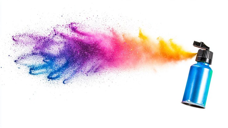 Foto uma garrafa de spray com um fundo roxo e um fundo multicolorido