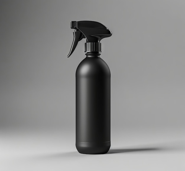 Uma garrafa de spray preta com um pulverizador em um fundo cinza