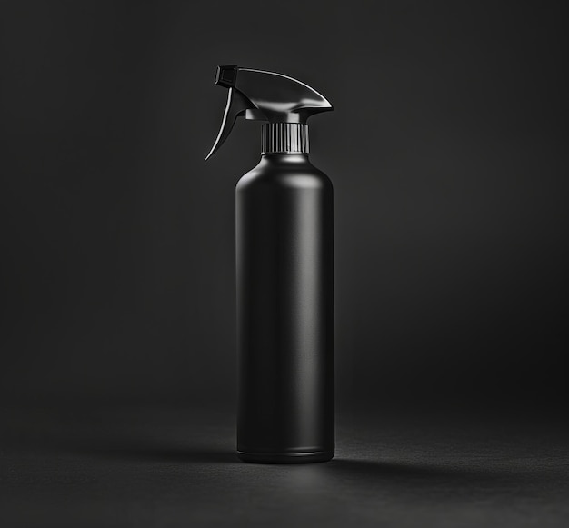 Uma garrafa de spray preta em um fundo escuro