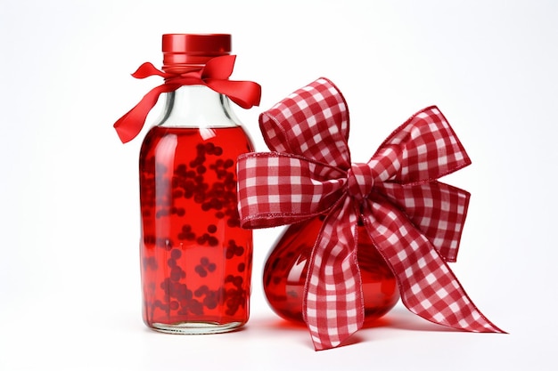 Foto uma garrafa de suco de cranberry com cranberries frescos como guarnição