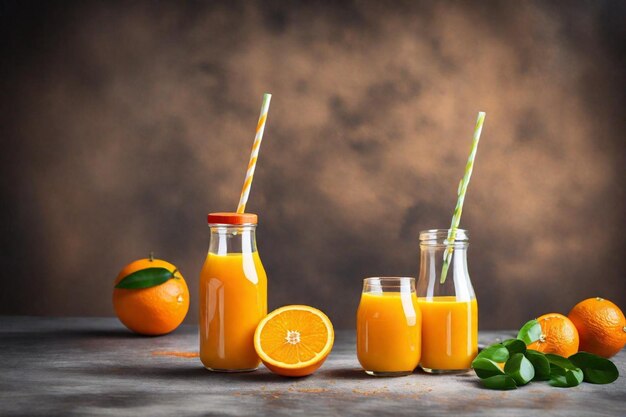uma garrafa de suco de laranja ao lado de duas laranjas e uma delas tem um canudo nela