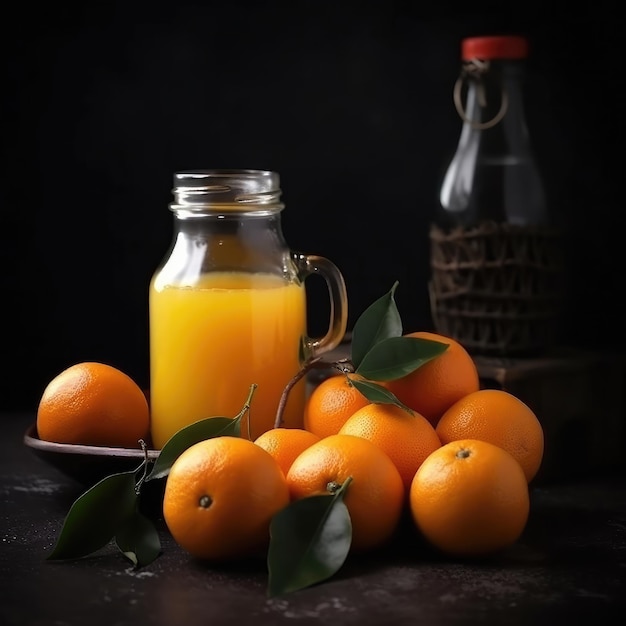 Uma garrafa de suco de laranja com um cacho de laranjas