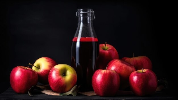 Uma garrafa de suco de maçã ao lado de um cacho de maçãs.