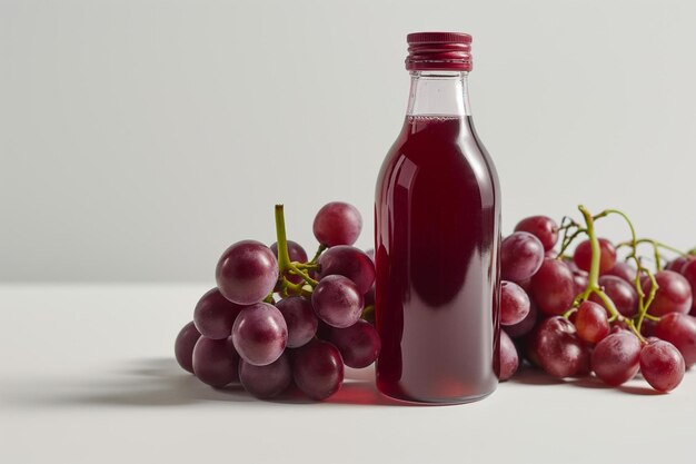 Foto uma garrafa de suco de uva ao lado de um cacho de uvas
