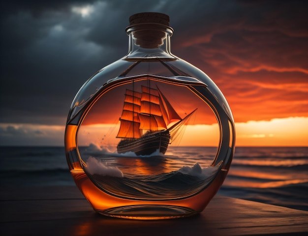 Uma garrafa de uísque com um navio ao fundo