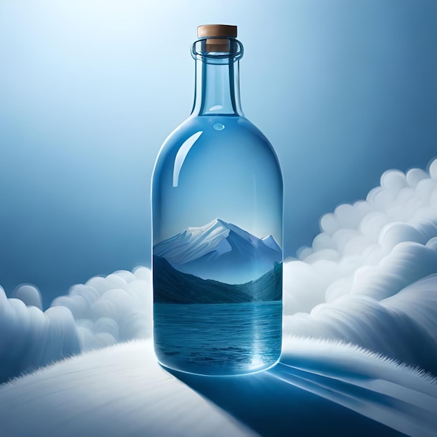 Uma garrafa de uma montanha está em uma nuvem com uma imagem de uma montanha no fundo.