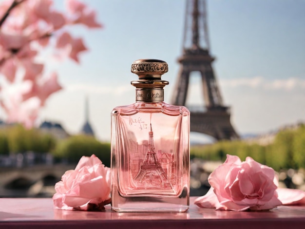 Foto uma garrafa de vidro de perfume em tons cor-de-rosa perto da torre eiffel