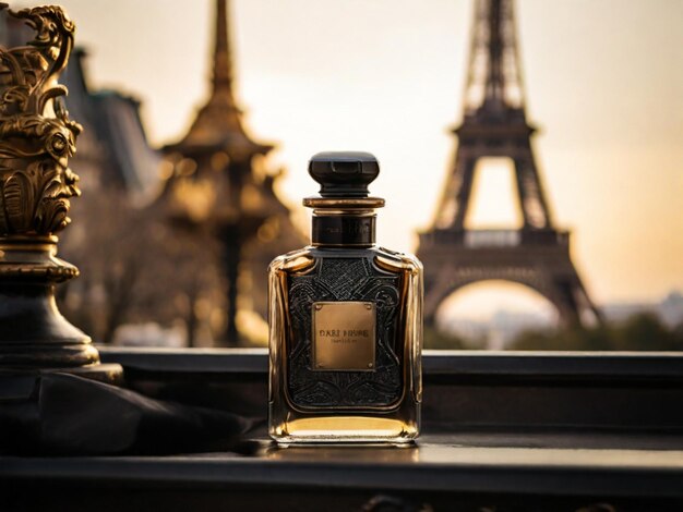 Foto uma garrafa de vidro de perfume em tons pretos perto da torre eiffel tempo de ouro