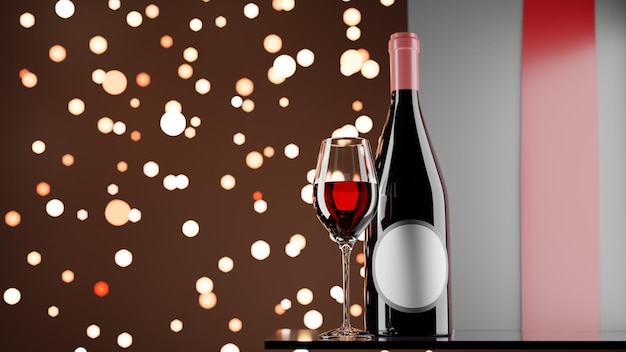 Uma garrafa de vidro e vinho com vinho tinto com fundo desfocado. ilustração 3D