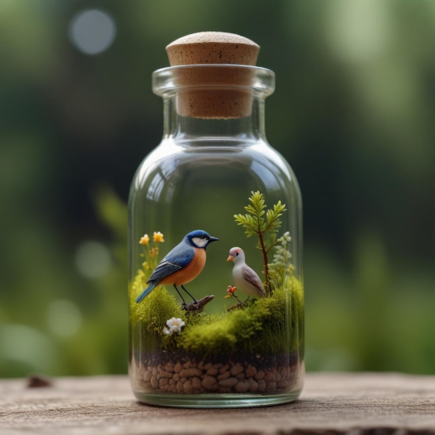 Foto uma garrafa de vidro miniatura paisagem primavera um pássaro lindo