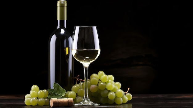 Uma garrafa de vinho branco com copos e folhas de uva