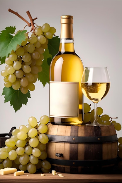 uma garrafa de vinho branco com uvas e queijo ao redor em cima de um barril com um branco