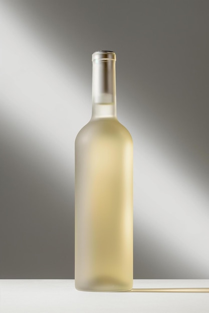 uma garrafa de vinho branco sobre uma mesa