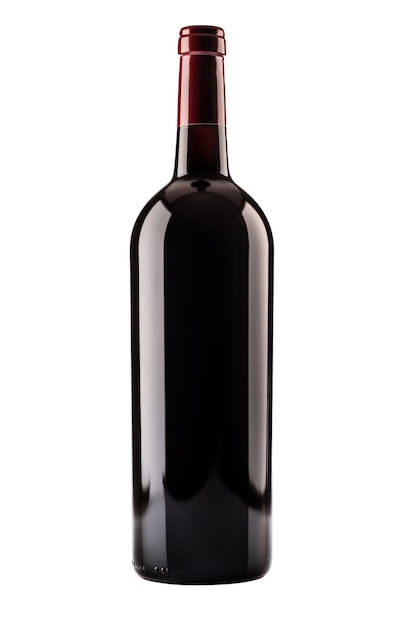 Uma garrafa de vinho com tampa vermelha.