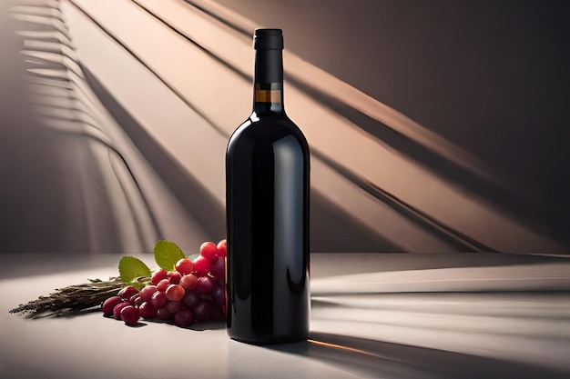 Uma garrafa de vinho com uvas na mesa