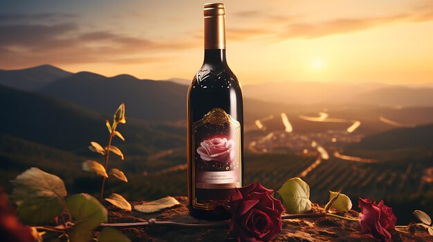 Uma garrafa de vinho com vista para as vinhas photo