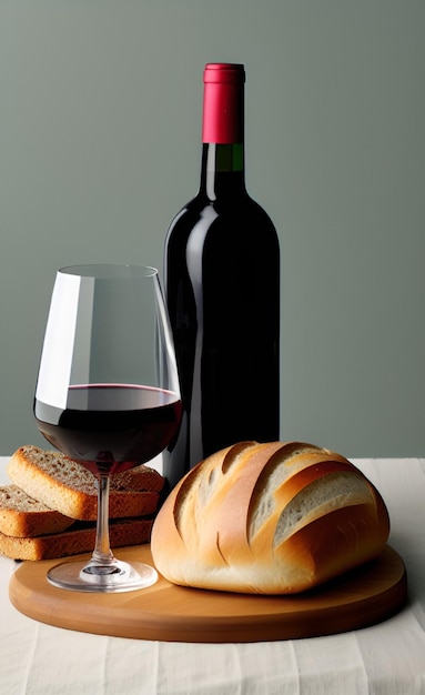 Uma garrafa de vinho e pão estão sobre uma mesa com uma taça de vinho.