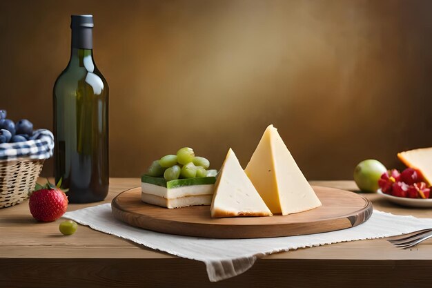 Foto uma garrafa de vinho e queijo numa mesa com uma garrafa de vinho.