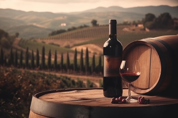 Uma garrafa de vinho e um barril com uma taça de vinho na mesa