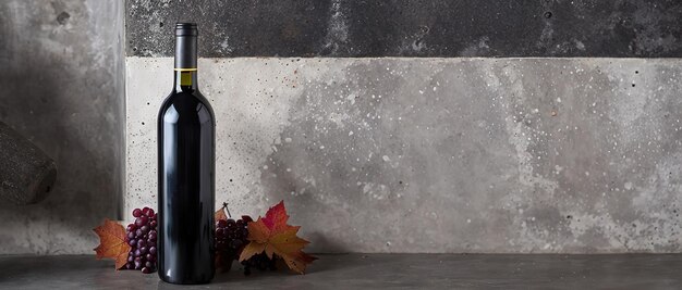 Uma garrafa de vinho e um copo com um ramo de uvas em uma mesa de mármore generativa ai