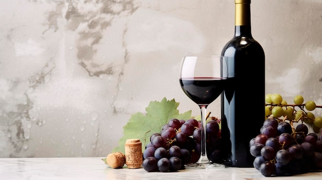 Uma garrafa de vinho e um copo com um ramo de uvas em uma mesa de mármore generativa ai