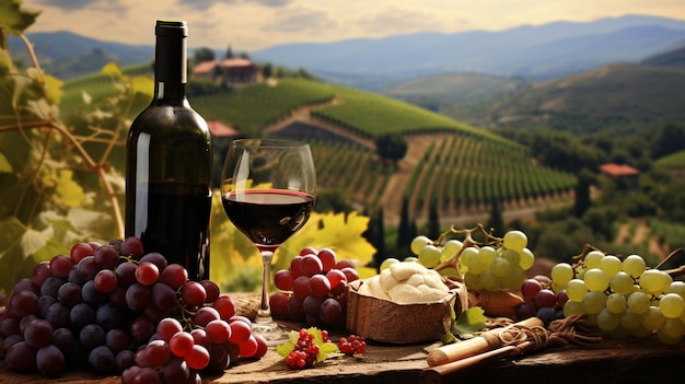Foto uma garrafa de vinho e um copo com uvas.