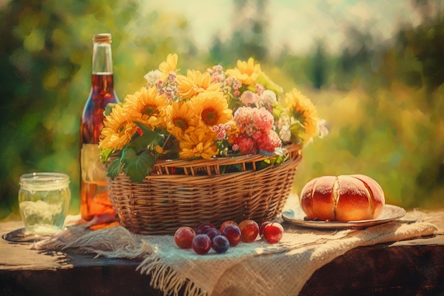 Uma garrafa de vinho e uma cesta de flores