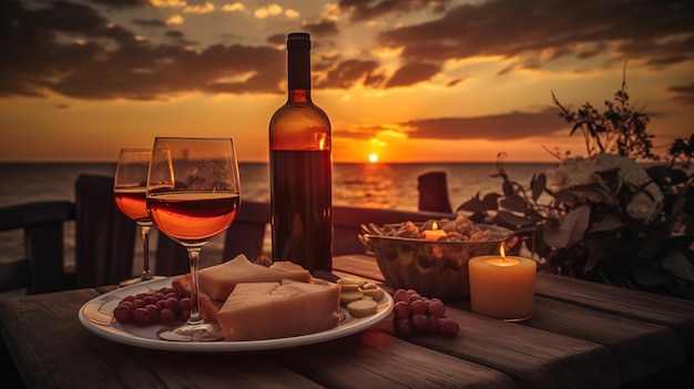 Uma garrafa de vinho e uma taça de vinho estão sobre uma mesa com o pôr do sol ao fundo.